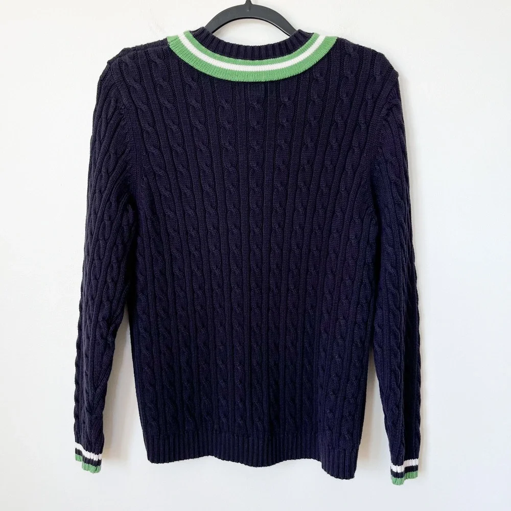 Lands' End Varsity Cable Knit V-Neck Sweater Women Medium Navy Green Tennis Prep